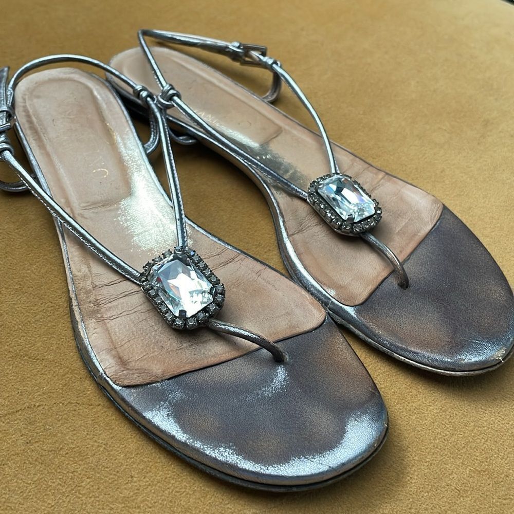 Valentino Garavani Pewter Metallic Jeweled Flat Sandals 8